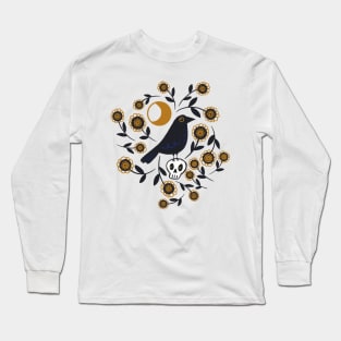 Crow on Skull under the Moon Surrounded by Flowers Long Sleeve T-Shirt